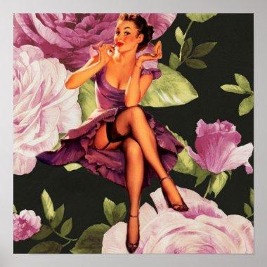 vintage purple floral retro pin up girl poster