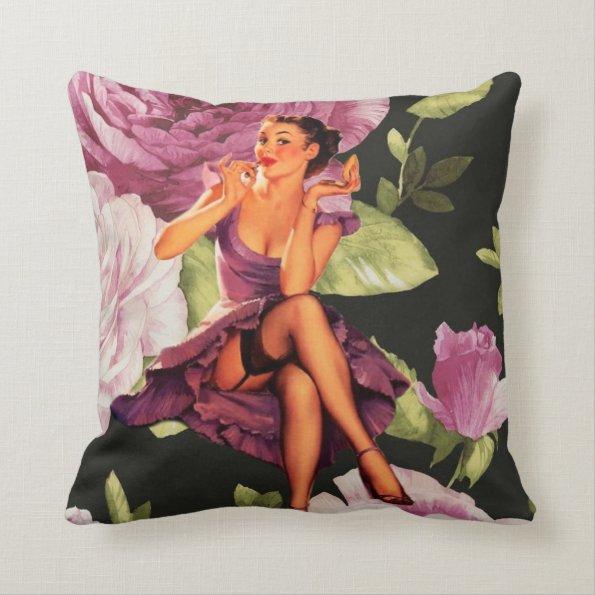 vintage purple floral retro pin up girl throw pillow