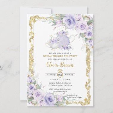 Vintage Purple Floral Tea Party Bridal Shower Invitations