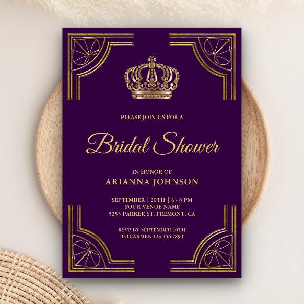 Vintage Purple Gold Ornate Crown Bridal Shower Invitations