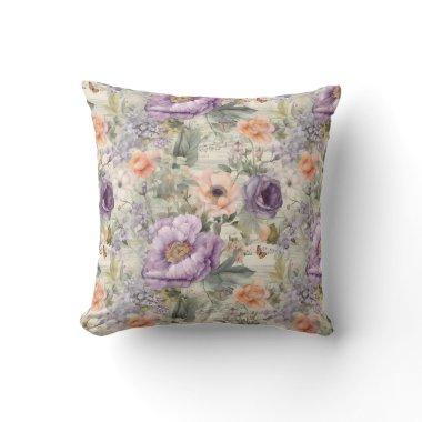 Vintage Purple Peach Floral Flowers Shabby Chic Throw Pillow