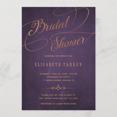 Vintage purple plum gold calligraphy bridal shower Invitations