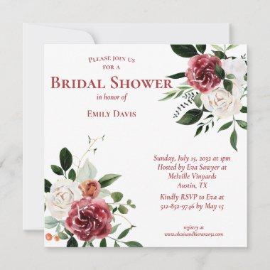Vintage Red Burgundy White Roses Bridal Shower Invitations