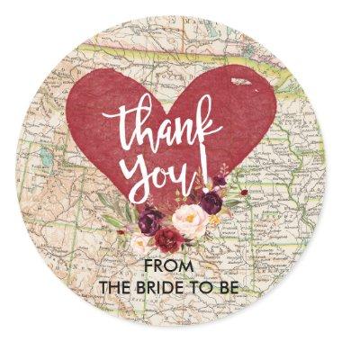 Vintage Red Marsala Floral Map Thank You Sticker