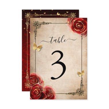 Vintage Red Rose Black Gold Table Number Cards 