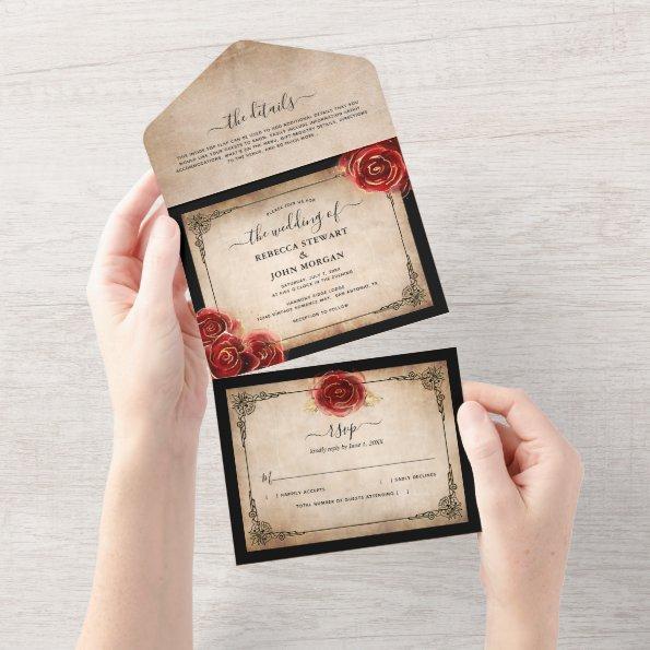 Vintage Red Rose Gold Black Parchment Wedding All In One Invitations