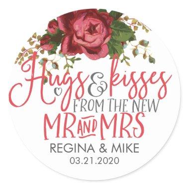 Vintage Red Roses Hugs and Kisses New Mr and Mrs Classic Round Sticker