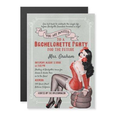 Vintage Red Teal Pin Up Girl Bachelorette Party Magnetic Invitations