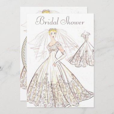 Vintage Retro 1950 Blonde Bride Gown Bridal Shower Invitations