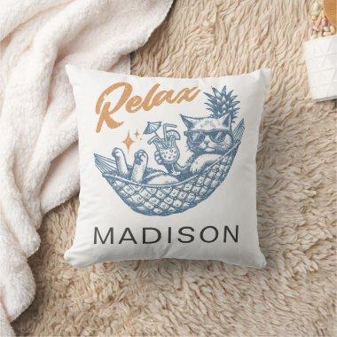 Vintage Retro Cat Relaxing Hammock Cocktail Trendy Throw Pillow