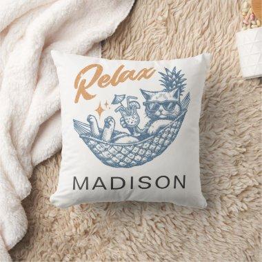 Vintage Retro Cat Relaxing Hammock Cocktail Trendy Throw Pillow