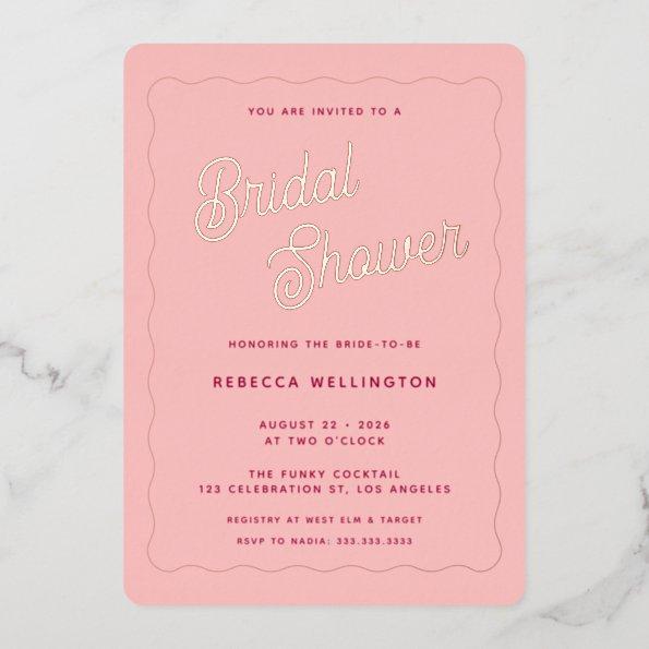 Vintage Retro Pink Fuchsia Wave Bridal Shower Foil Invitations