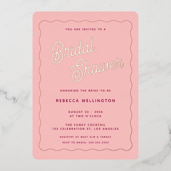 Vintage Retro Pink Fuchsia Wave Bridal Shower Foil Invitations