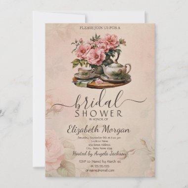Vintage Retro Tea Set Flowers Bridal Shower Invitations