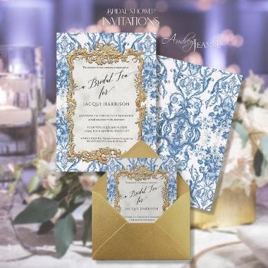 Vintage Rococo Floral Blue White Gold Bridal Tea Foil Invitations