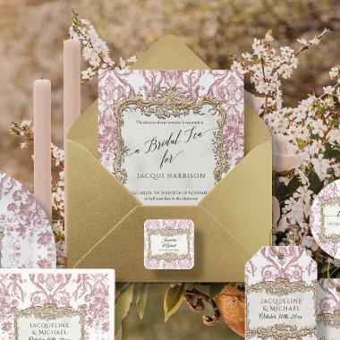 Vintage Rococo Floral Pink n White Gold Bridal Tea Foil Invitations