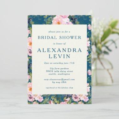 Vintage Romantic Florals in Blue Bridal Shower Invitations