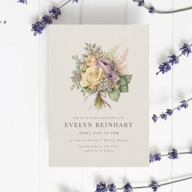 Vintage Rose Bouquet Dusty Purple Bridal Shower Invitations