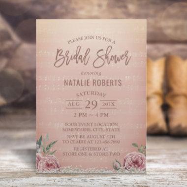 Vintage Rose Gold Floral Music Bridal Shower Invitations
