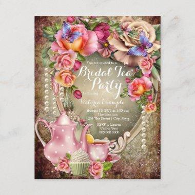 Vintage Rose Pearl Bridal Tea Party Invitations