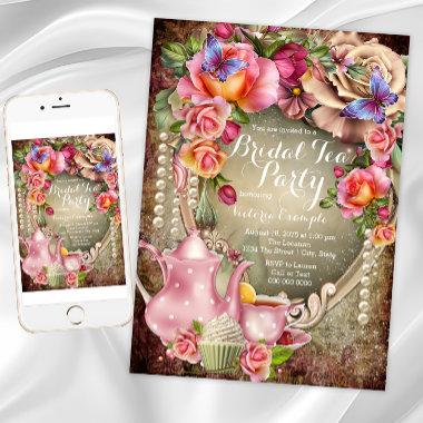 Vintage Rose Pearl Bridal Tea Party Invitations