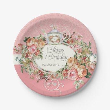 Vintage Rose Tea Elegant English Birthday Party Paper Plates