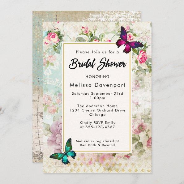 Vintage roses and Butterflies Bridal Shower Invite