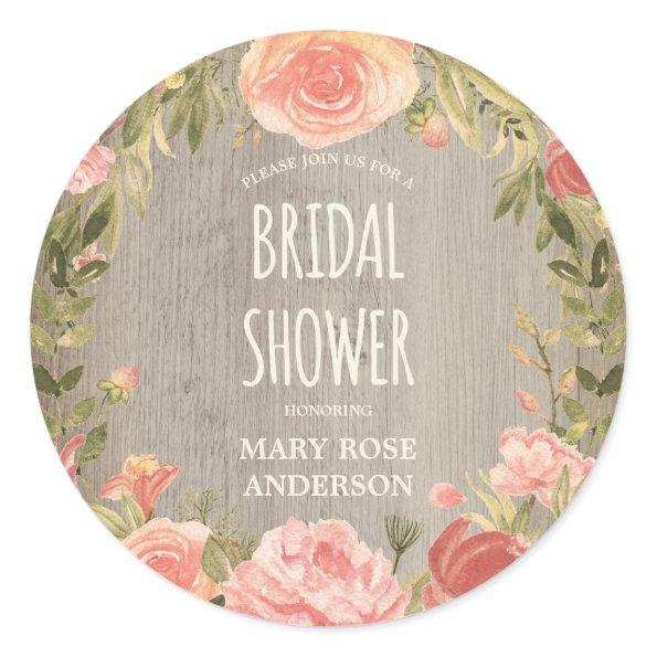 Vintage Roses & Rustic Wood | Floral Bridal Shower Classic Round Sticker