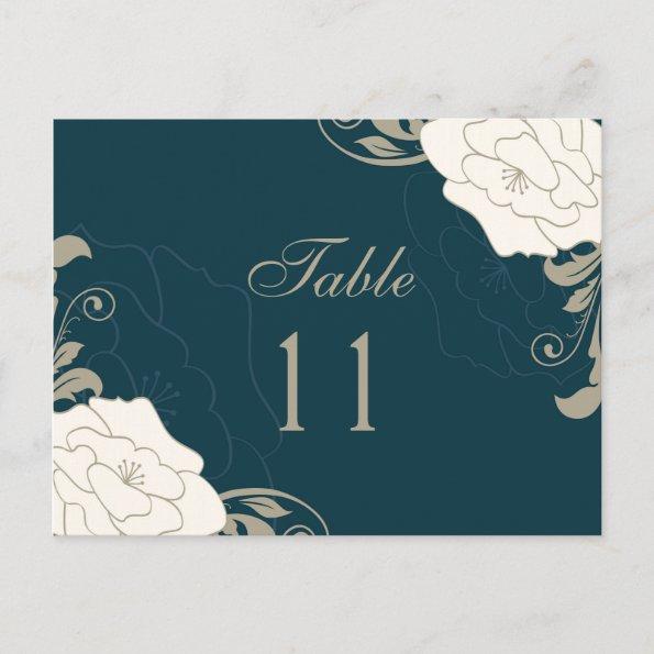 Vintage roses, swirls on teal Table number place