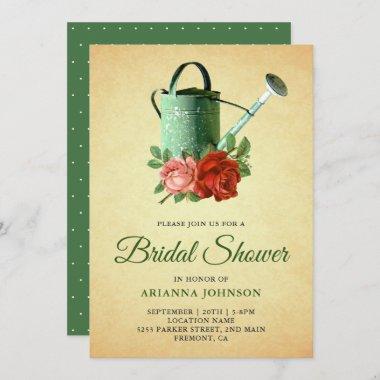 Vintage Rustic Floral Watering Can Bridal Shower Invitations