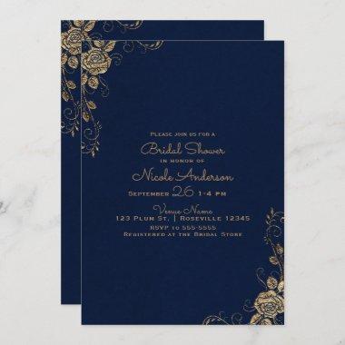 Vintage Rustic Glam Rose Blue & Gold Bridal Shower Invitations