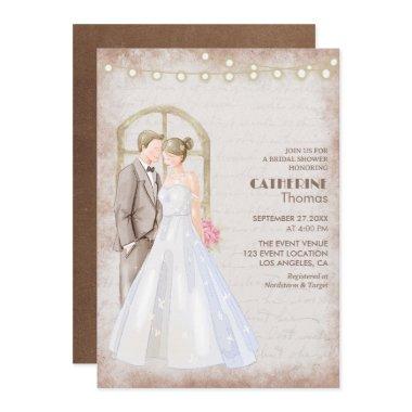 Vintage Rustic Watercolor Romantic String Lights Invitations