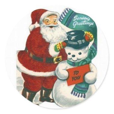 vintage Santa snowman Christmas winter holiday art Classic Round Sticker