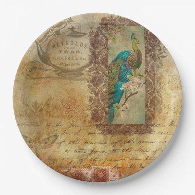 Vintage Script brown Turquoise Peacock Plates