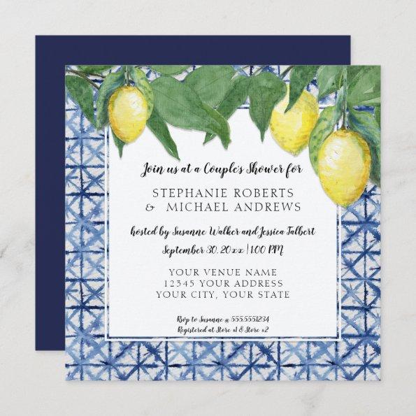 Vintage Shibori Indigo Blue w Lemon Couples Shower Invitations