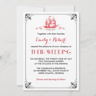 Vintage Ship Anchor Wedding Invitations Black Red