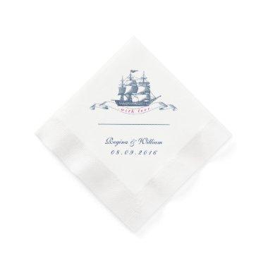 Vintage Ship Navy Blue and White Cocktail Napkin