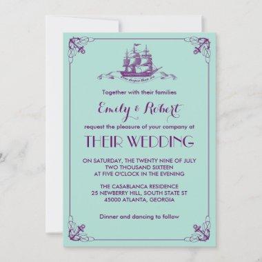 Vintage Ship Navy Wedding Invitations Teal Purple