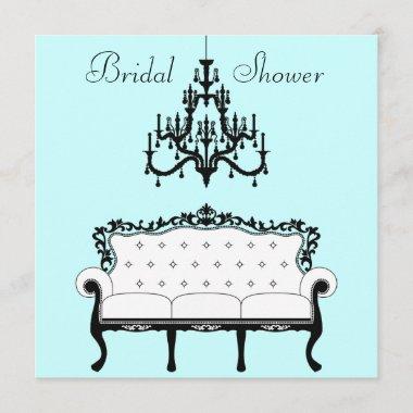 Vintage Sofa Chandelier Teal Black Bridal Shower Invitations