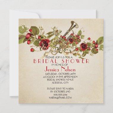 Vintage Spring Red Roses Music Bridal Shower Invitations