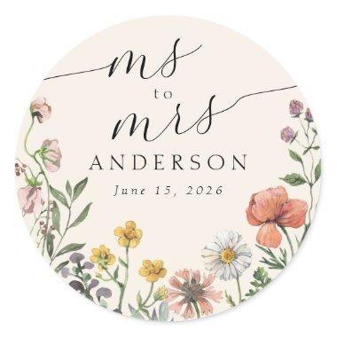 Vintage Summer Wildflower Ms to Mrs Bridal Shower Classic Round Sticker
