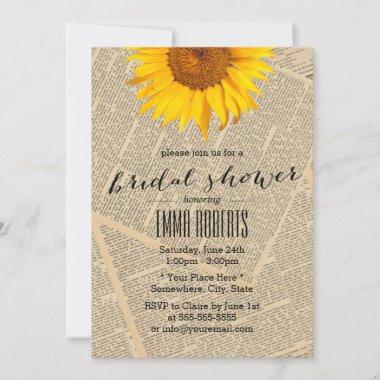 Vintage Sunflower Old Newspaper Bridal Shower Invitations