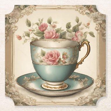 Vintage Tea Cup Floral Bridal Shower Tea Party Paper Coaster