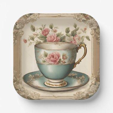 Vintage Tea Cup Floral Bridal Shower Tea Party Paper Plates