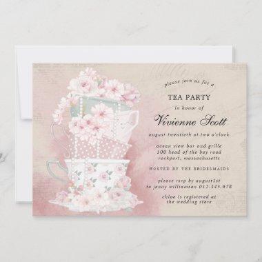 Vintage Tea Party Watercolor Bridal Shower Invitations