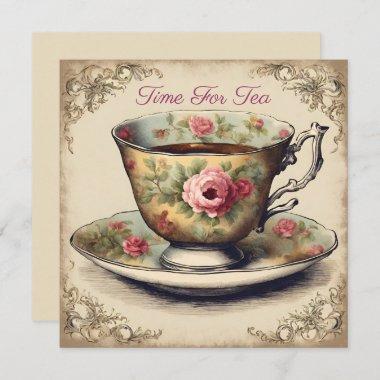 Vintage TeaCup Floral Bridal Shower Tea Party Invitations
