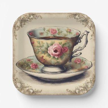 Vintage TeaCup Floral Bridal Shower Tea Party Paper Plates