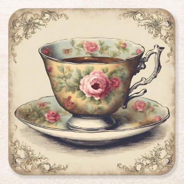 Vintage TeaCup Floral Bridal Shower Tea Party Square Paper Coaster