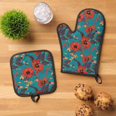 Vintage Teal and Red Floral Pattern Oven Mitt & Pot Holder Set