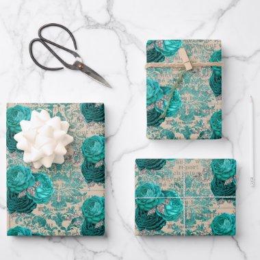Vintage Teal Silver Floral Damask Pattern Wrapping Paper Sheets